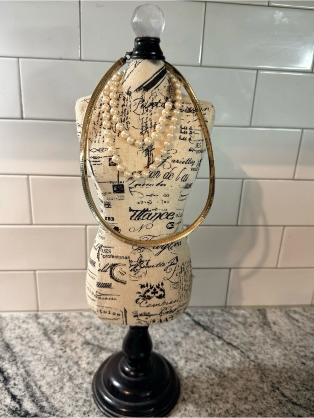 Cream Script Fabric Jewelry Bust Display with Black Script and Black Base